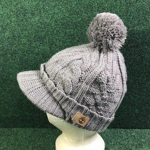 TIMBERLAND CABLE PEAK KNIT LEATHER PATCH LINED BILLED POM BEANIE GRAY ONESIZE